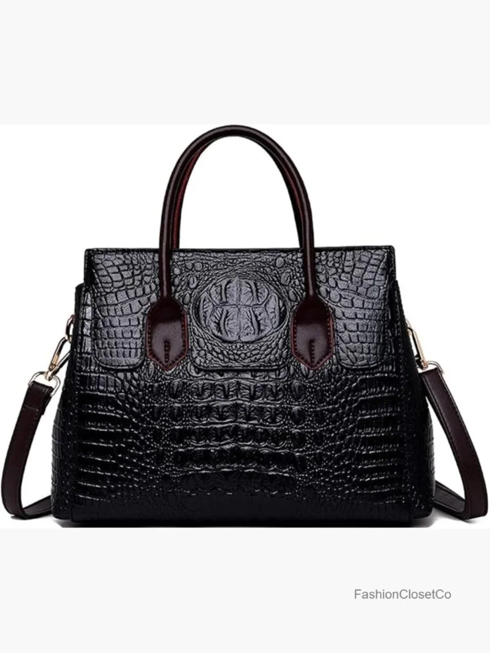 Women Crocodile Pattern Faux Leather Satchel Top-Handle Shoulder Bag